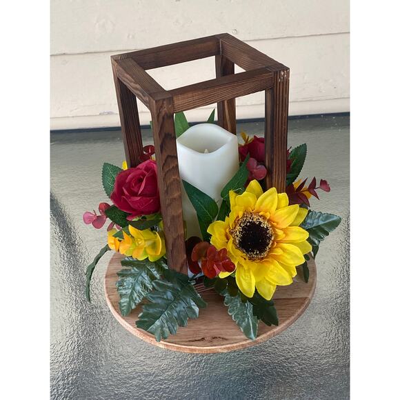Sunflower & Rose Lantern Centerpiece – Rustic Farmhouse Table Decor Fall Accent - Picture 5 of 5
